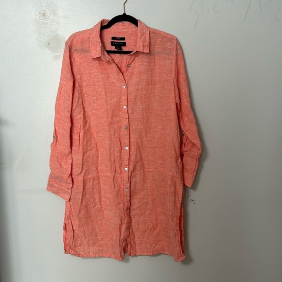TAHARI Linen Coral Button Down Shirt Tunic Top Tab Sleeve Coastal Minimalist L - Picture 1 of 5